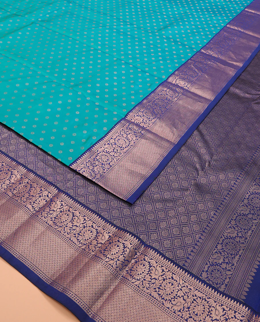 Blue zari buttas Vasundhara silk saree, contrast border of rekku, kodi visiry, and jaal designs, and zari-rich jaal pallu - Image 2