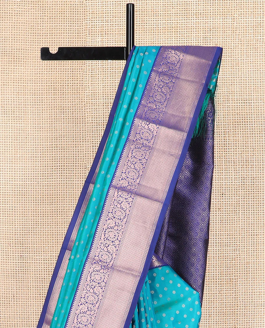 Blue zari buttas Vasundhara silk saree, contrast border of rekku, kodi visiry, and jaal designs, and zari-rich jaal pallu - Image 3
