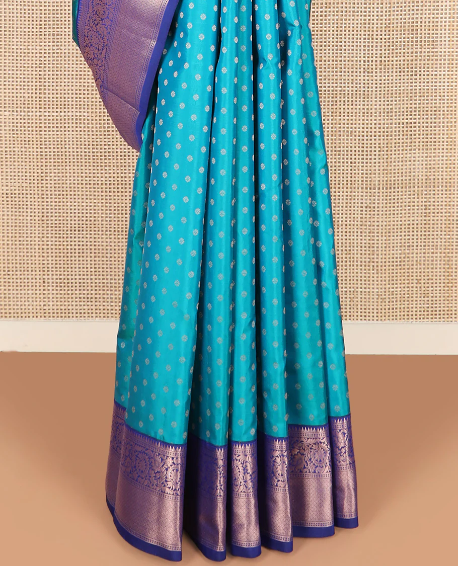 Blue zari buttas Vasundhara silk saree, contrast border of rekku, kodi visiry, and jaal designs, and zari-rich jaal pallu - Image 4