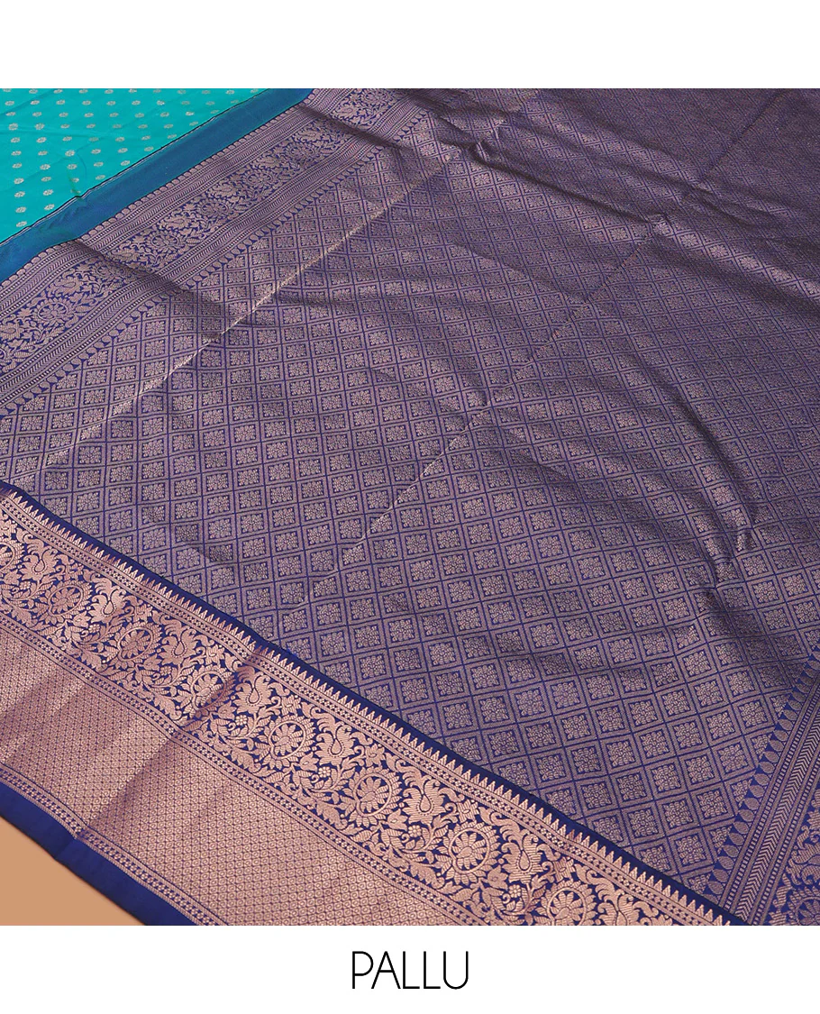 Blue zari buttas Vasundhara silk saree, contrast border of rekku, kodi visiry, and jaal designs, and zari-rich jaal pallu - Image 5