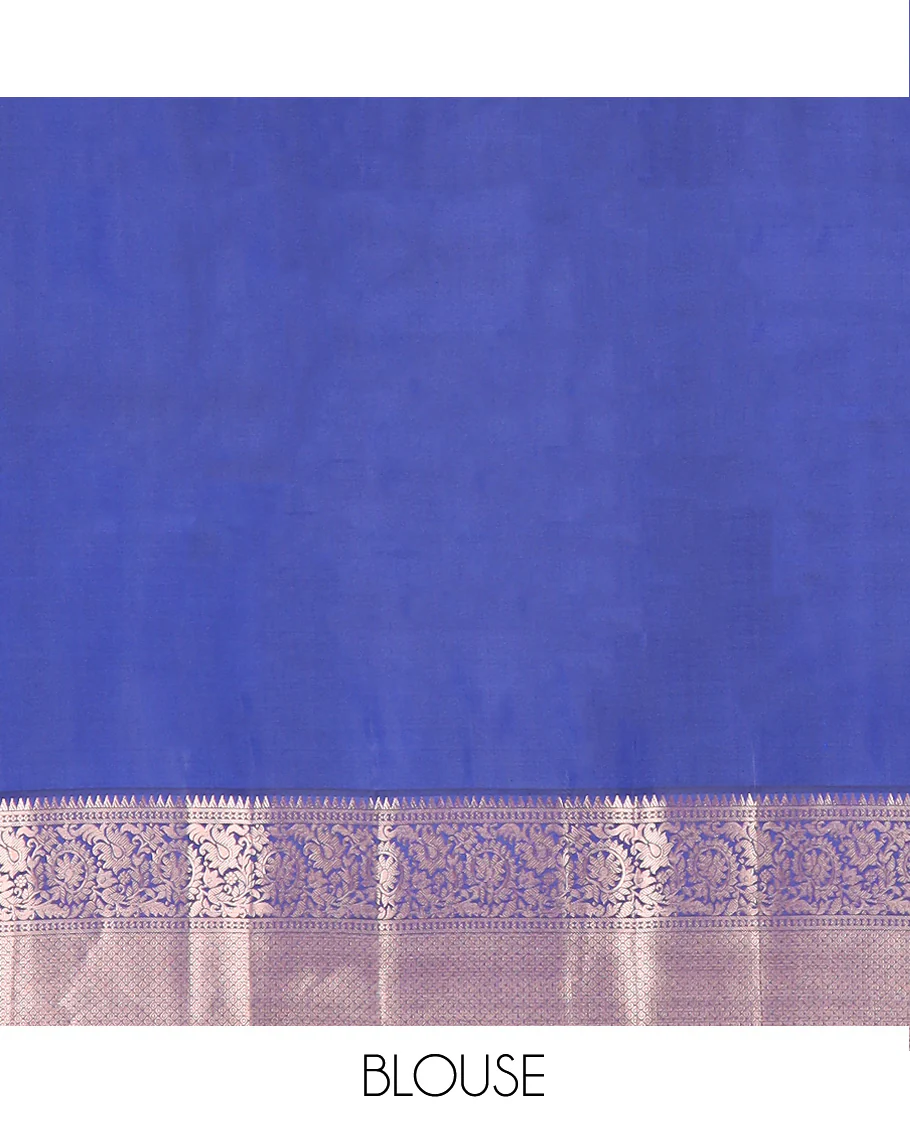 Blue zari buttas Vasundhara silk saree, contrast border of rekku, kodi visiry, and jaal designs, and zari-rich jaal pallu - Image 6