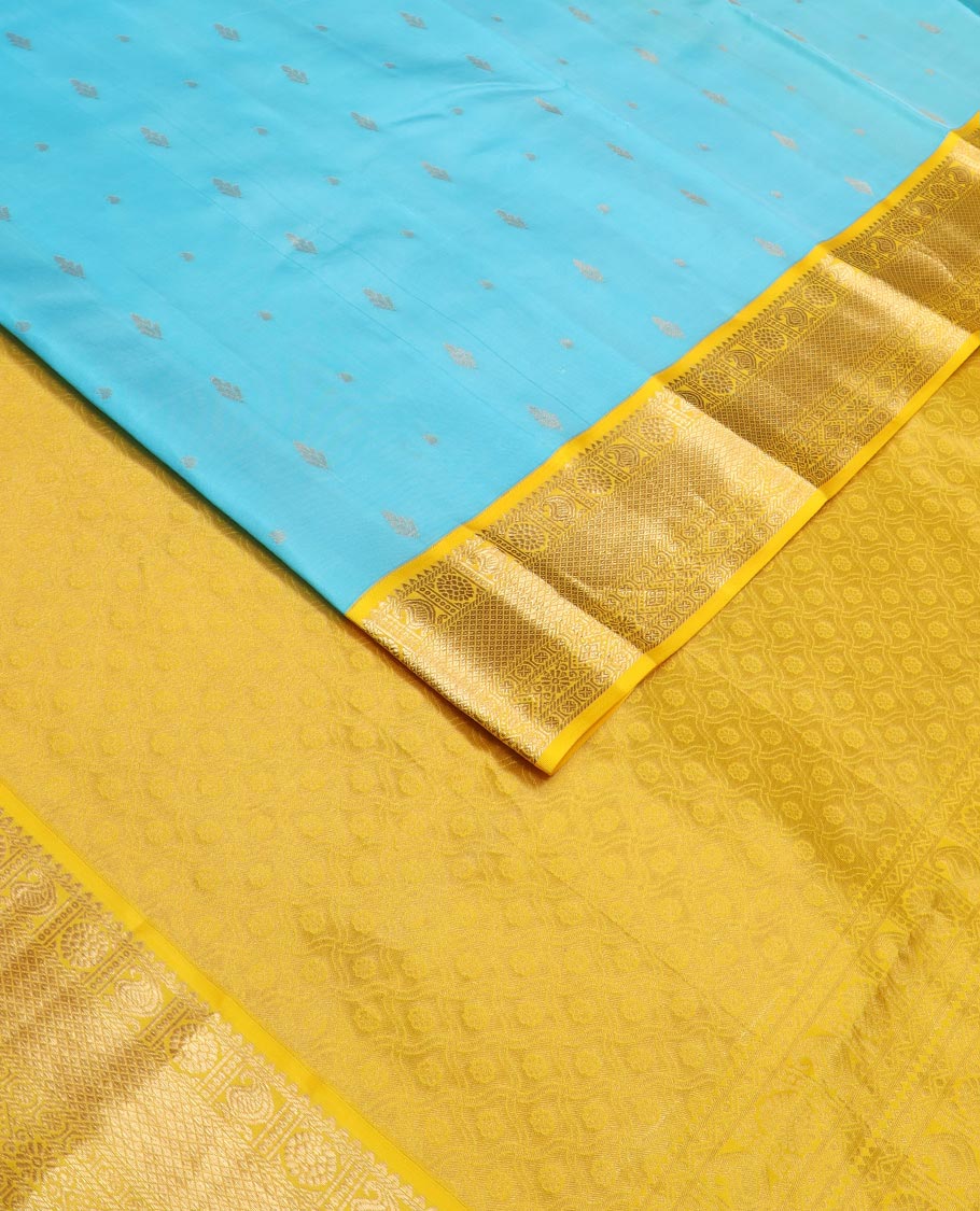 Blue zari buttas Vasundhara silk saree, contrast border of rekku, manga, chakram, mayil kann, and rudraksham designs, and intricate pallu - Image 2