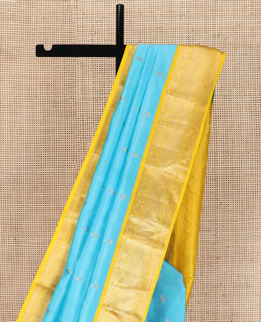 Blue zari buttas Vasundhara silk saree, contrast border of rekku, manga, chakram, mayil kann, and rudraksham designs, and intricate pallu - Image 3