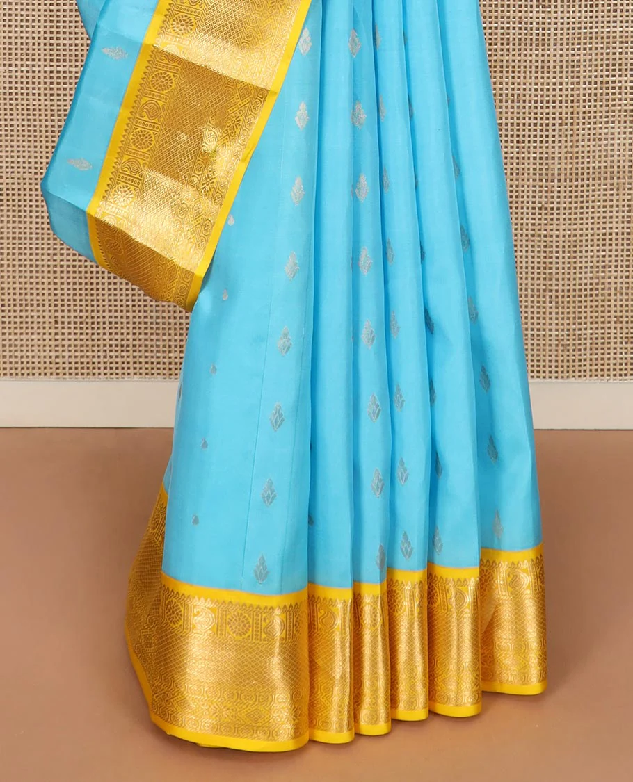 Blue zari buttas Vasundhara silk saree, contrast border of rekku, manga, chakram, mayil kann, and rudraksham designs, and intricate pallu - Image 4