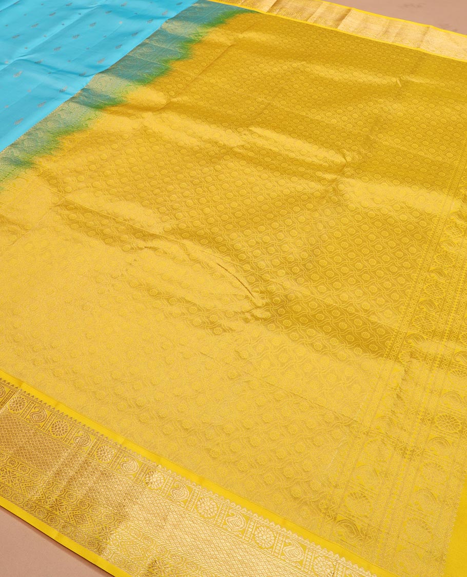 Blue zari buttas Vasundhara silk saree, contrast border of rekku, manga, chakram, mayil kann, and rudraksham designs, and intricate pallu - Image 5