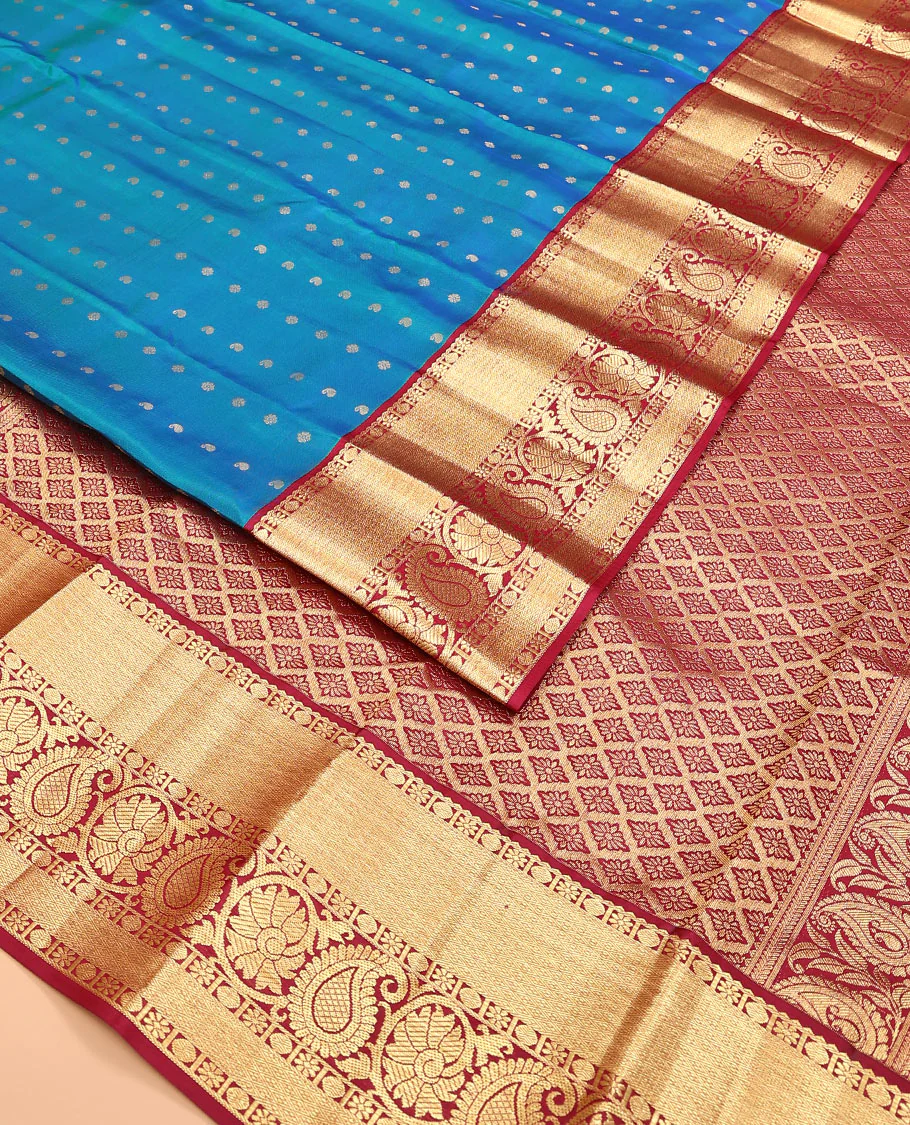 Blue zari buttas Vasundhara silk saree, contrast border of rekku, poun, kamalam, kodi manga kamalam, and jaal designs, and jaal pallu - Image 2
