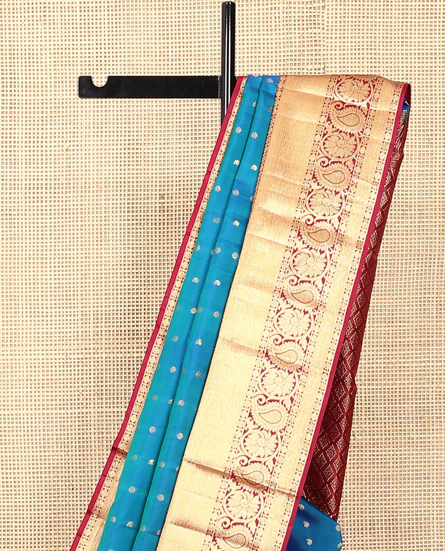 Blue zari buttas Vasundhara silk saree, contrast border of rekku, poun, kamalam, kodi manga kamalam, and jaal designs, and jaal pallu - Image 3