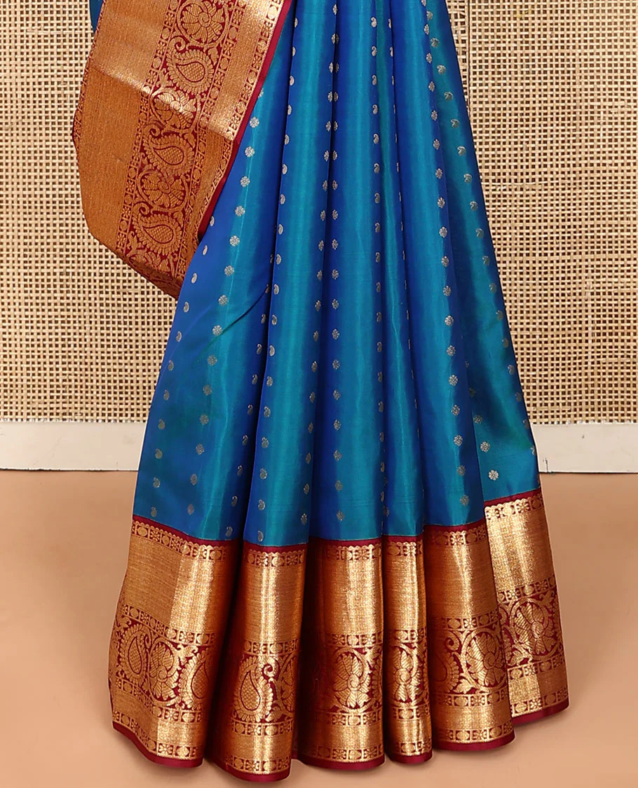 Blue zari buttas Vasundhara silk saree, contrast border of rekku, poun, kamalam, kodi manga kamalam, and jaal designs, and jaal pallu - Image 4
