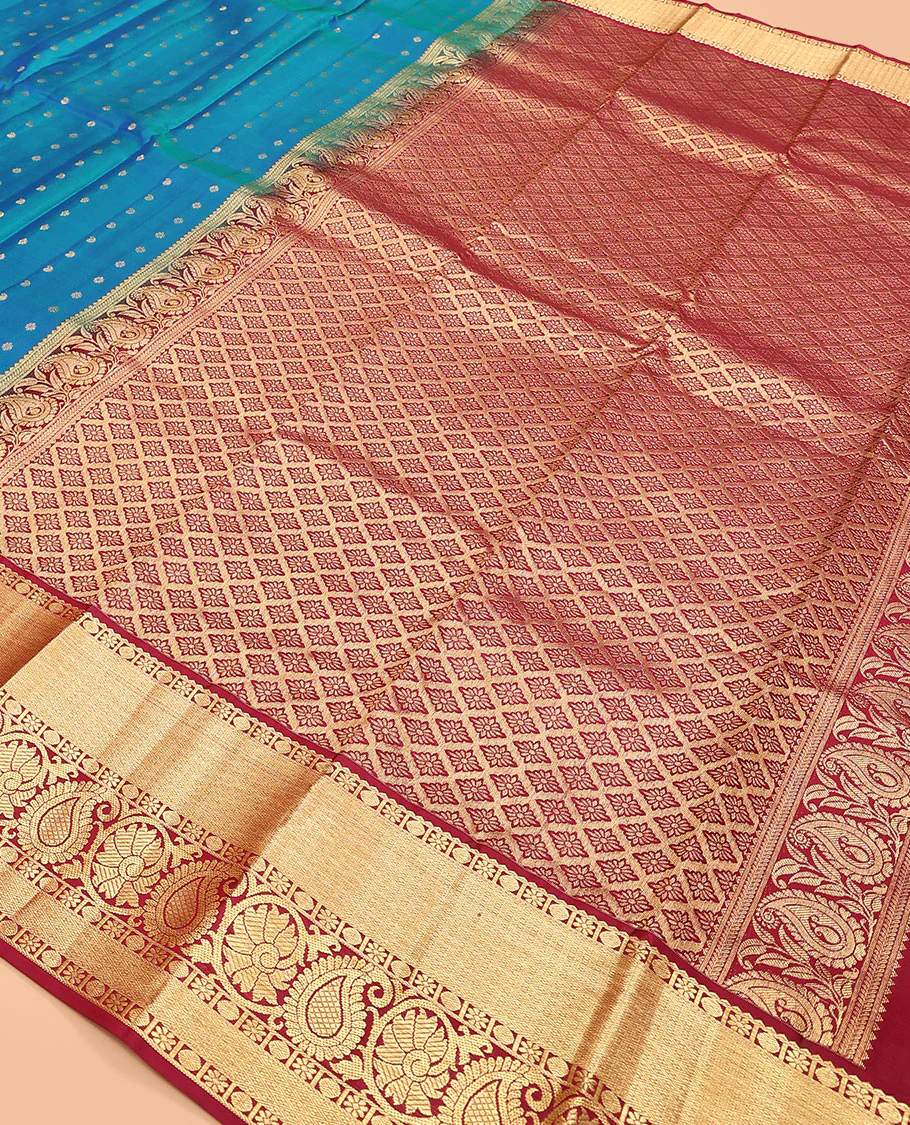 Blue zari buttas Vasundhara silk saree, contrast border of rekku, poun, kamalam, kodi manga kamalam, and jaal designs, and jaal pallu - Image 5