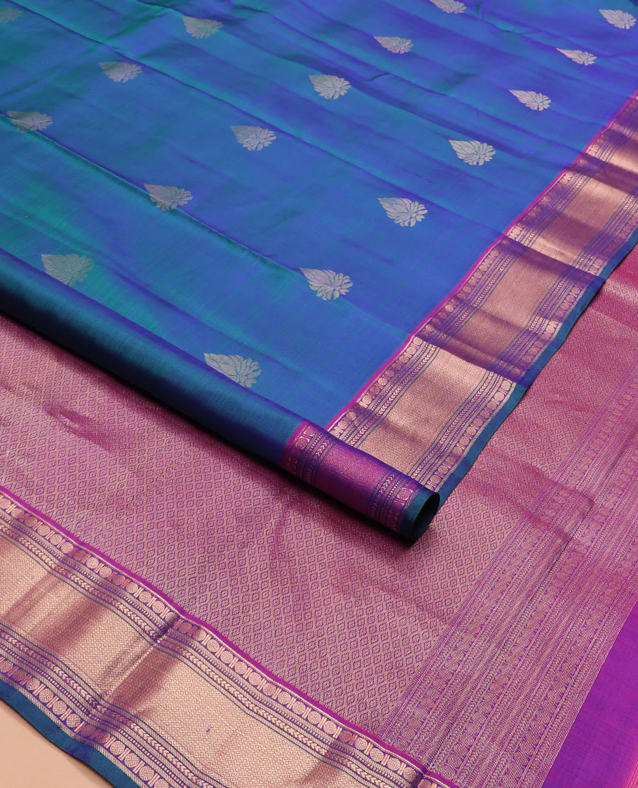 Blue zari buttas Vasundhara silk saree, contrast border of rudraksham, muthu, neli, kathir, and mayil kann and jaal pallu - Image 2