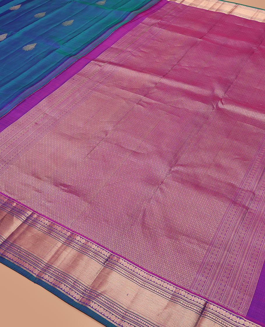 Blue zari buttas Vasundhara silk saree, contrast border of rudraksham, muthu, neli, kathir, and mayil kann and jaal pallu - Image 3
