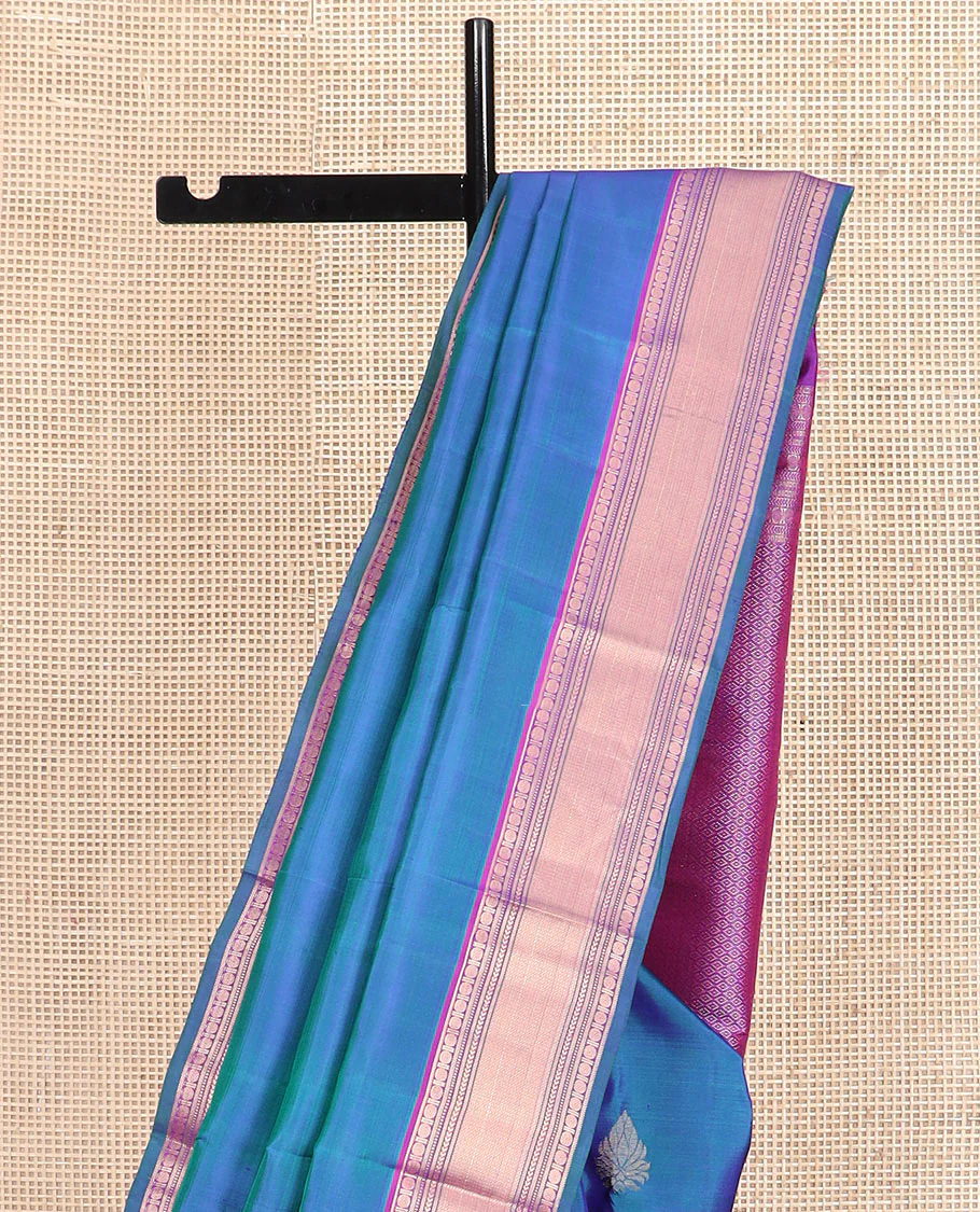Blue zari buttas Vasundhara silk saree, contrast border of rudraksham, muthu, neli, kathir, and mayil kann and jaal pallu - Image 4