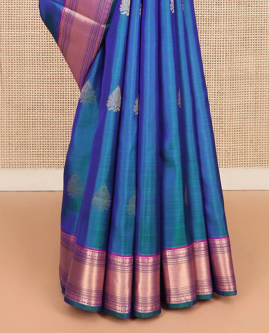 Blue zari buttas Vasundhara silk saree, contrast border of rudraksham, muthu, neli, kathir, and mayil kann and jaal pallu - Image 5