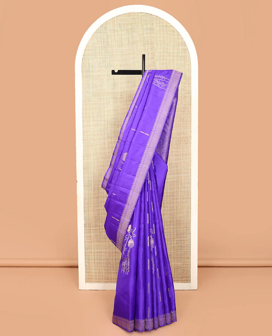 Blue zari buttas Vasundhara silk saree, traditional zari design border, and pallu of intricate Mughal-style designs