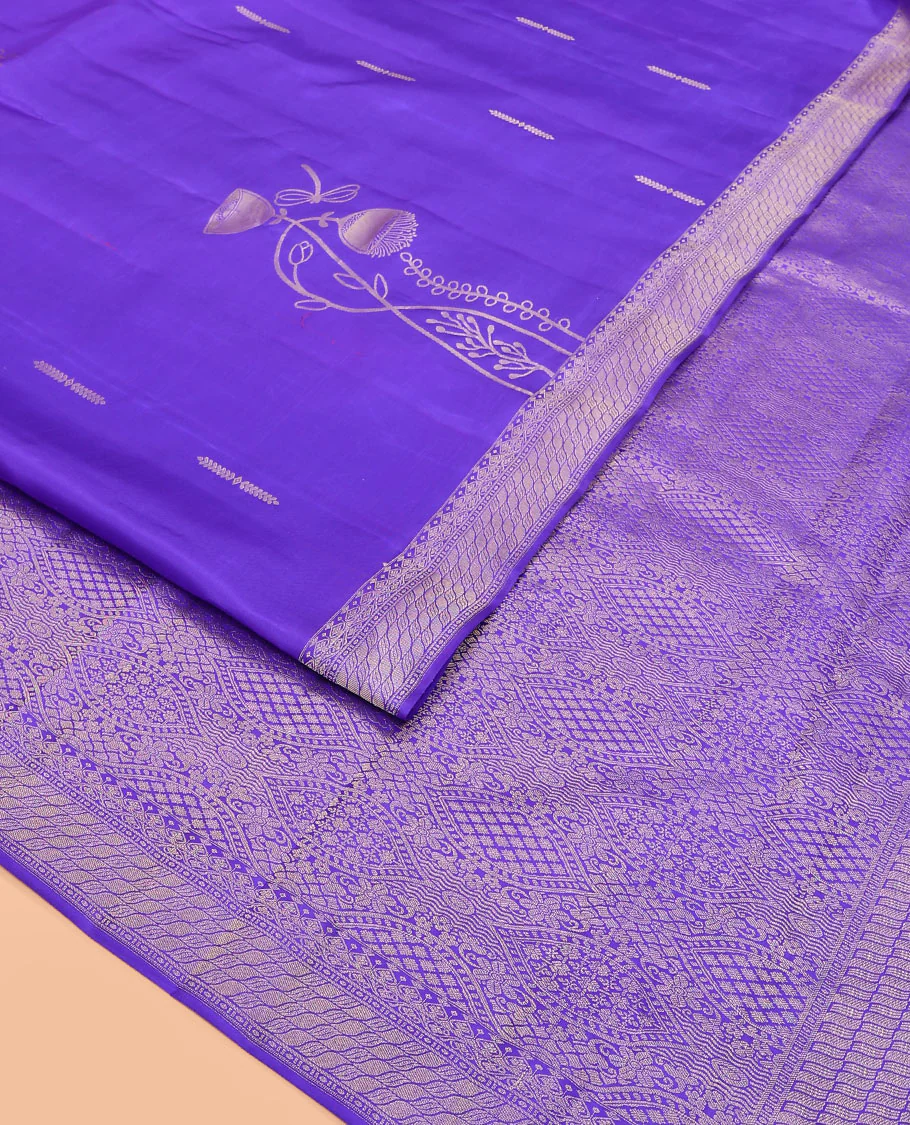Blue zari buttas Vasundhara silk saree, traditional zari design border, and pallu of intricate Mughal-style designs - Image 2