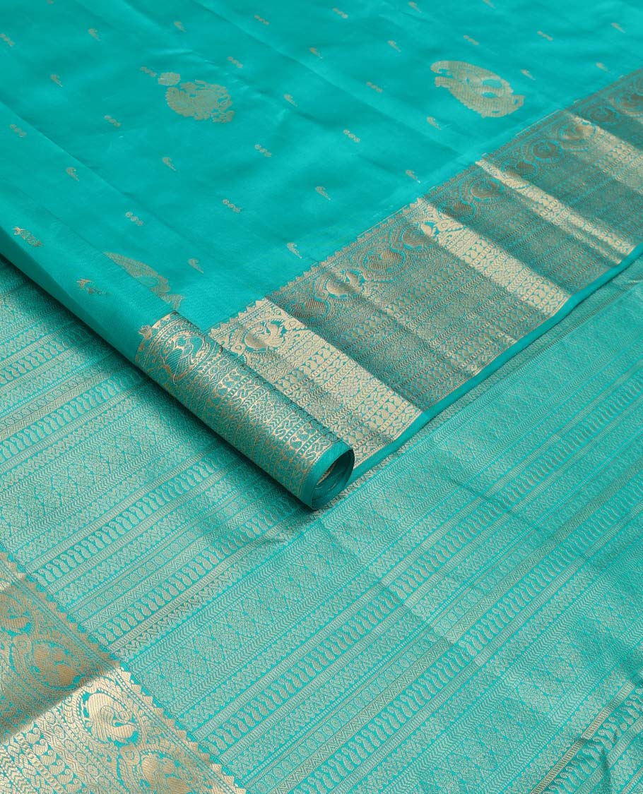Blue zari buttas Vasundhara silk saree, zari border and pallu steeped with rekku, mayil, rudraksham, manga, kathir, cross neli and laddu kamalam - Image 2