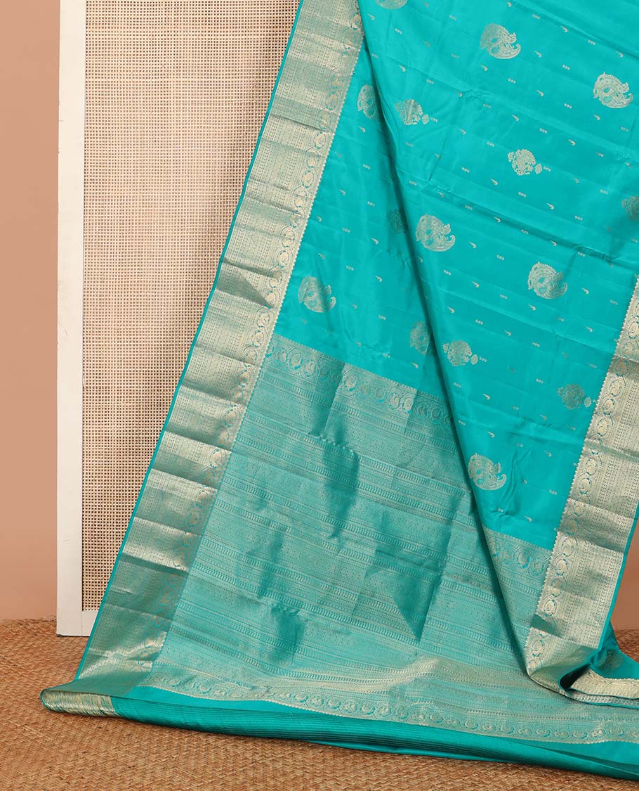 Blue zari buttas Vasundhara silk saree, zari border and pallu steeped with rekku, mayil, rudraksham, manga, kathir, cross neli and laddu kamalam - Image 3