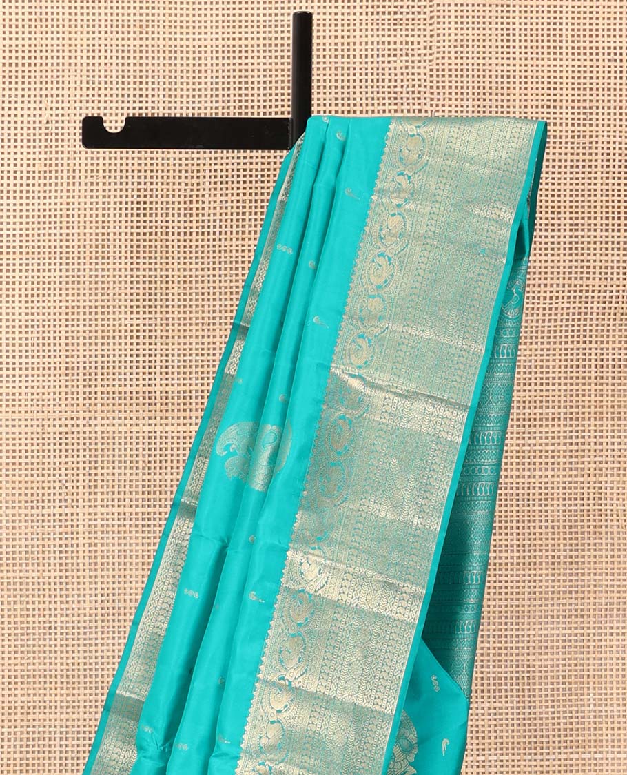 Blue zari buttas Vasundhara silk saree, zari border and pallu steeped with rekku, mayil, rudraksham, manga, kathir, cross neli and laddu kamalam - Image 4