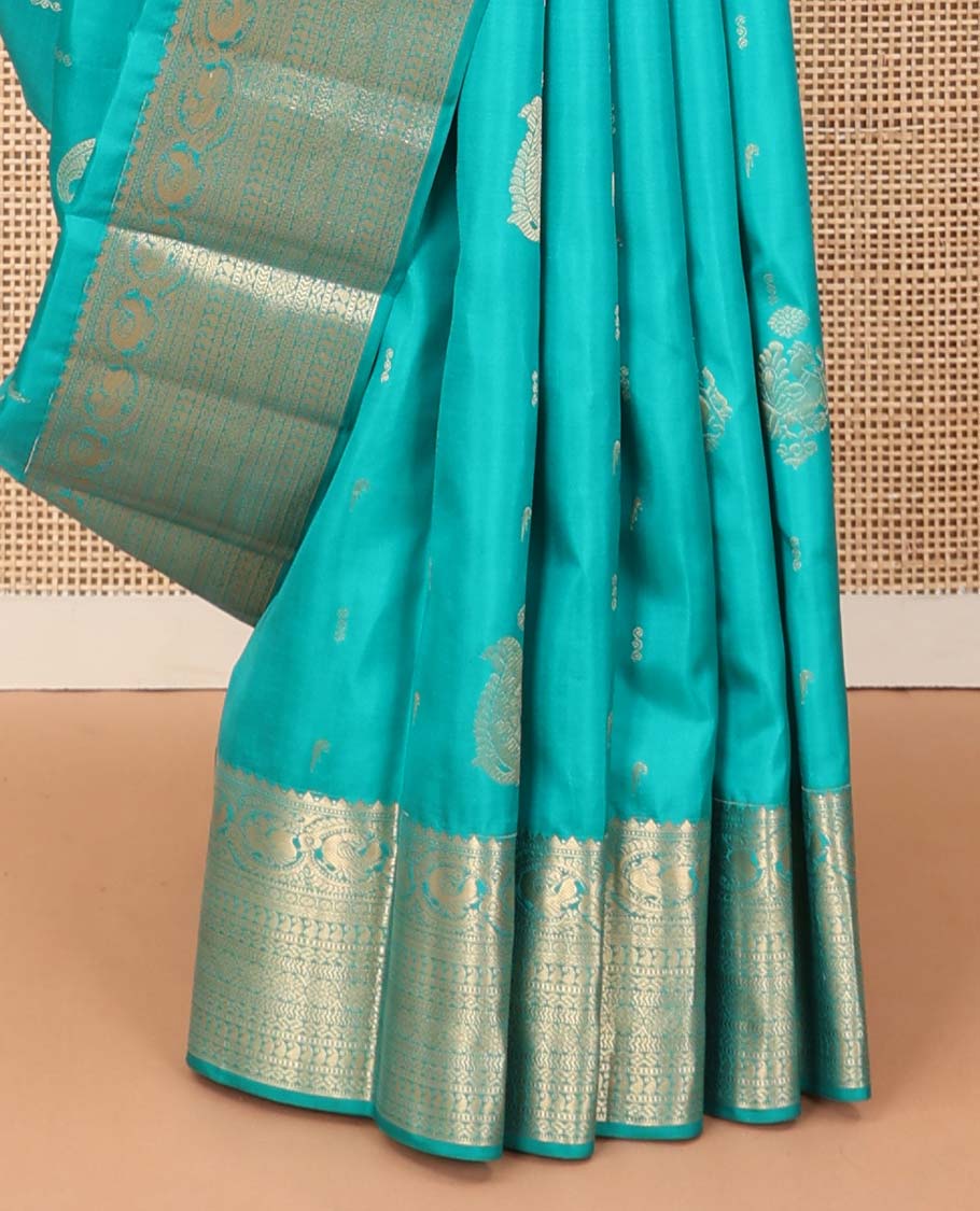 Blue zari buttas Vasundhara silk saree, zari border and pallu steeped with rekku, mayil, rudraksham, manga, kathir, cross neli and laddu kamalam - Image 5