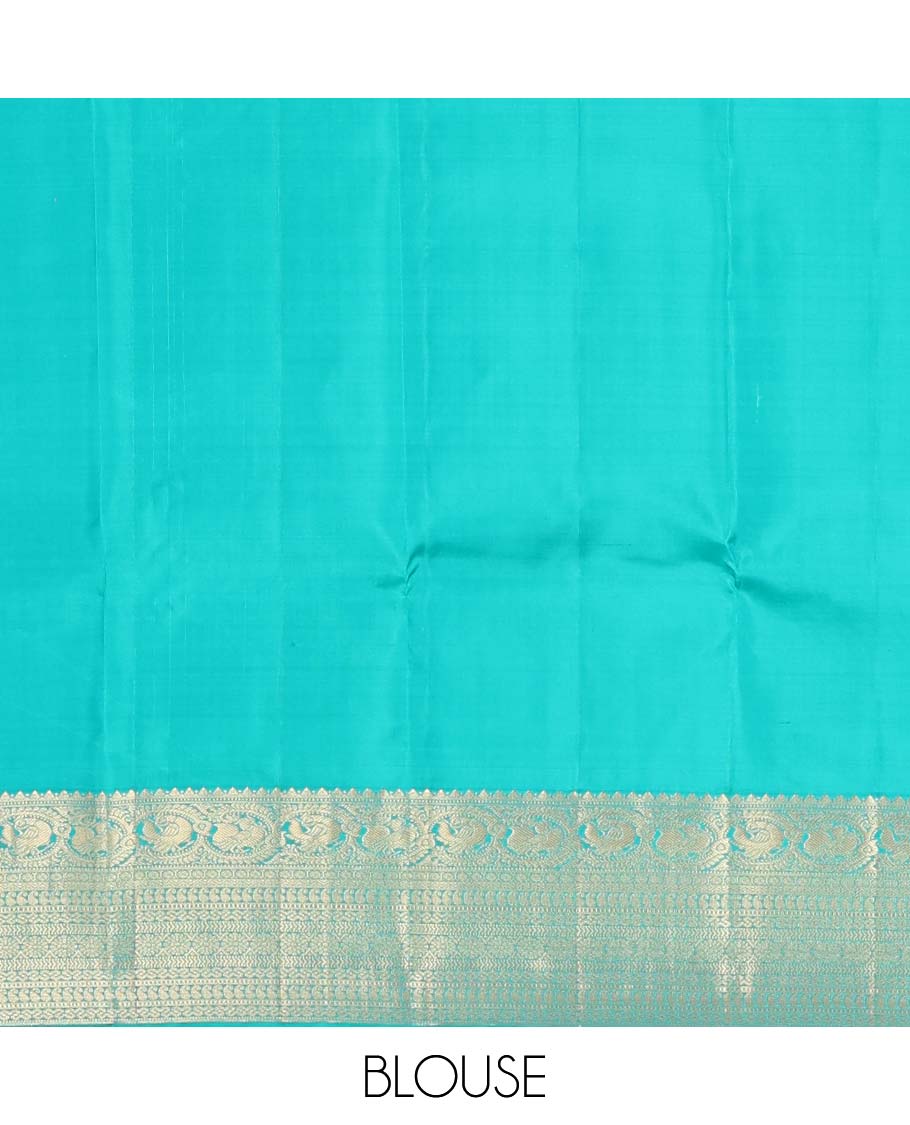 Blue zari buttas Vasundhara silk saree, zari border and pallu steeped with rekku, mayil, rudraksham, manga, kathir, cross neli and laddu kamalam - Image 6