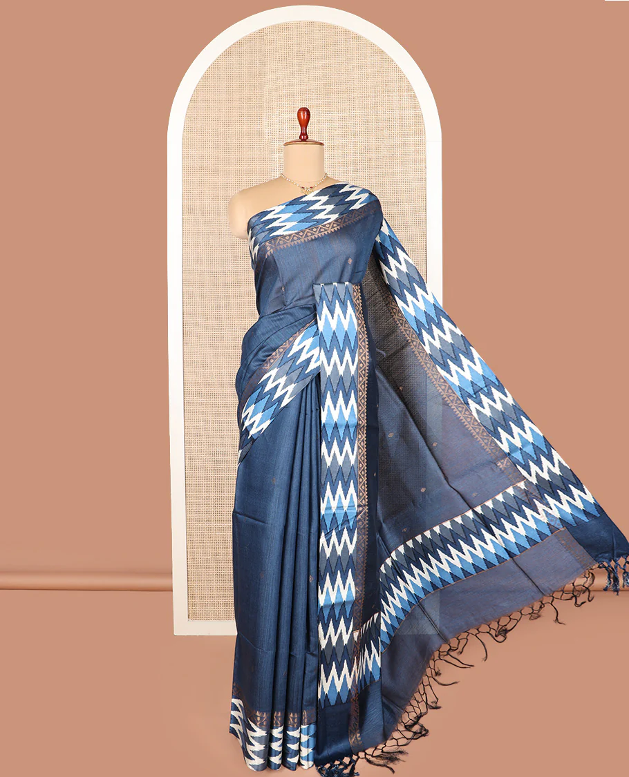 Blue zari buttas tussar silk saree, contrast traditional design with ikkat design border, and self-pallu