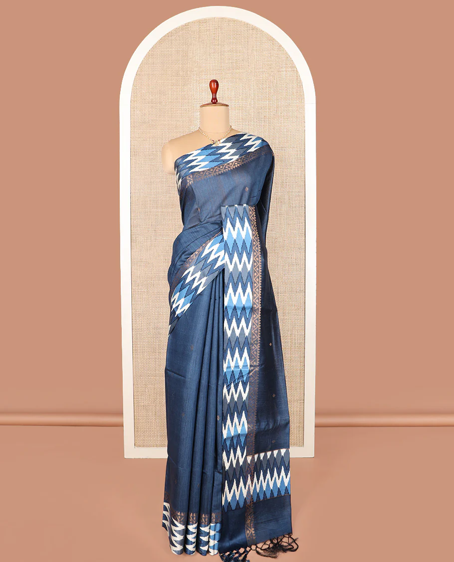 Blue zari buttas tussar silk saree, contrast traditional design with ikkat design border, and self-pallu - Image 2