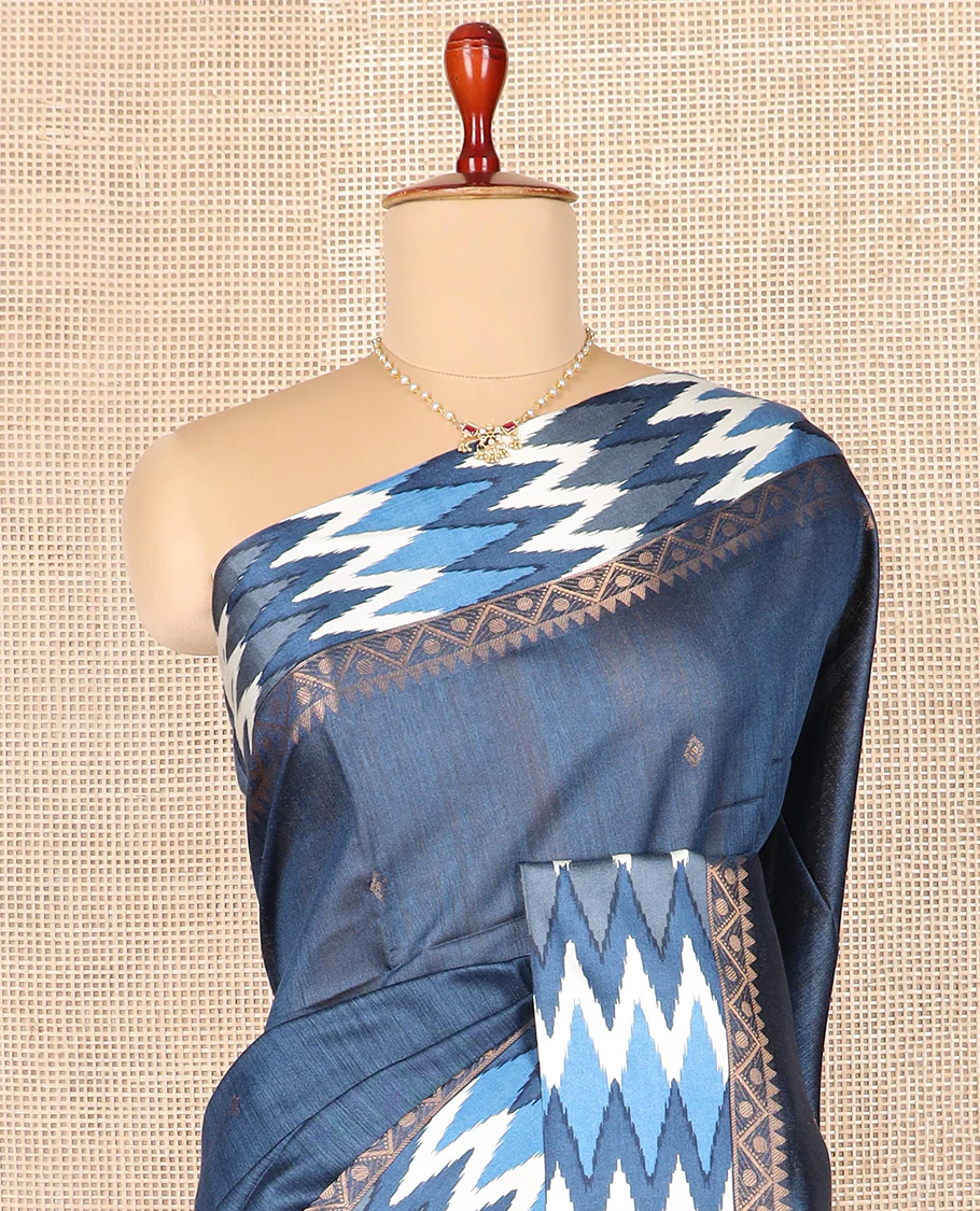 Blue zari buttas tussar silk saree, contrast traditional design with ikkat design border, and self-pallu - Image 3