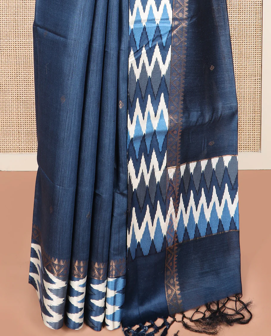 Blue zari buttas tussar silk saree, contrast traditional design with ikkat design border, and self-pallu - Image 4
