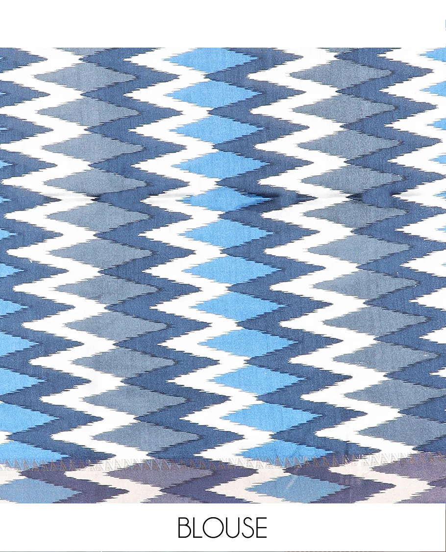 Blue zari buttas tussar silk saree, contrast traditional design with ikkat design border, and self-pallu - Image 5