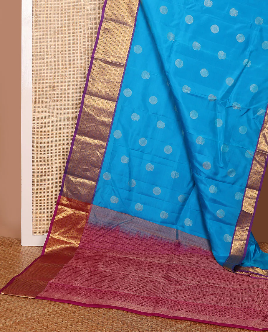 Blue zari buttas Vasundhara Lite Silk Mix Saree, contrast border of manga mokku,muthu,kathir,banaras & poun & scallop pallu - Image 2