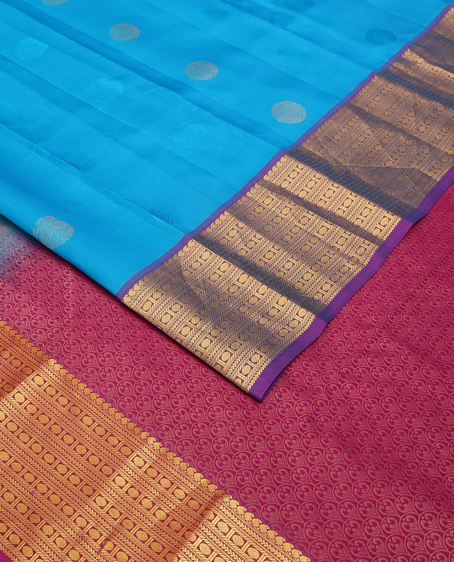 Blue zari buttas Vasundhara Lite Silk Mix Saree, contrast border of manga mokku,muthu,kathir,banaras & poun & scallop pallu - Image 3