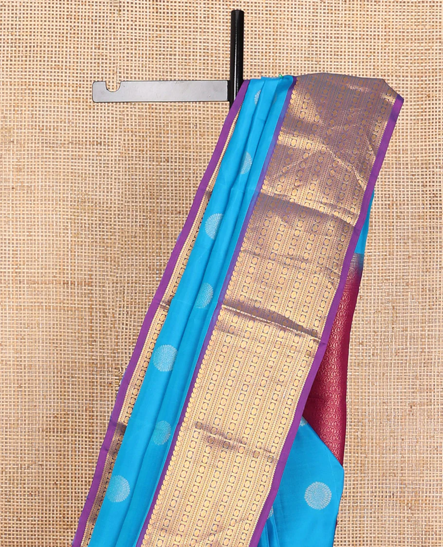 Blue zari buttas Vasundhara Lite Silk Mix Saree, contrast border of manga mokku,muthu,kathir,banaras & poun & scallop pallu - Image 4