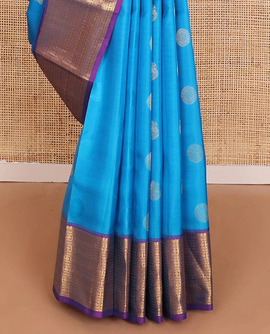 Blue zari buttas Vasundhara Lite Silk Mix Saree, contrast border of manga mokku,muthu,kathir,banaras & poun & scallop pallu - Image 5