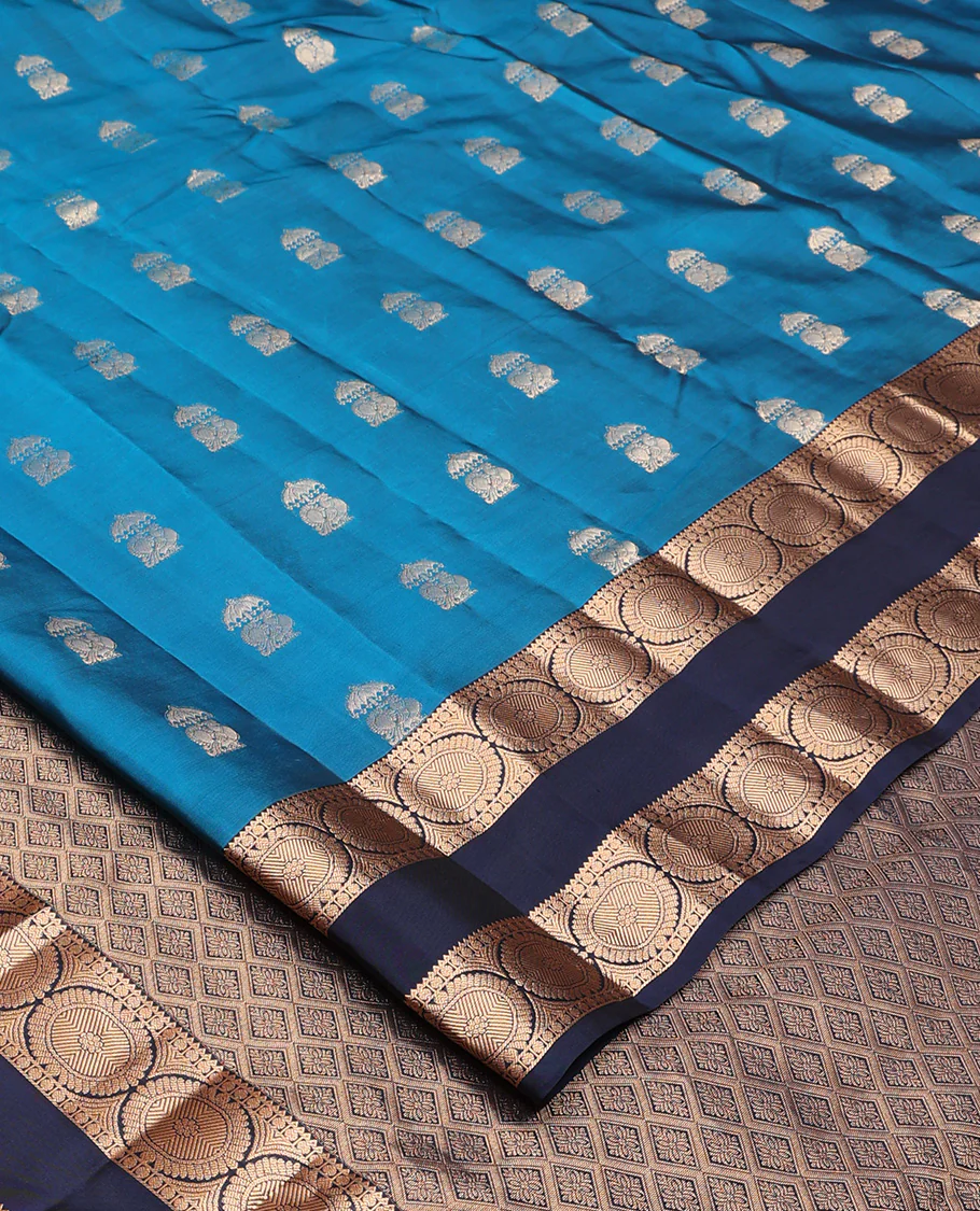 Blue zari buttas Vasundhara Lite Silk Mix Saree, contrast rettai pettu border of rekku, poun, and chakram motifs, and jaal pallu - Image 2