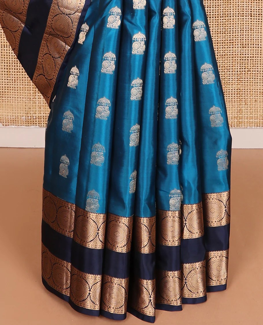 Blue zari buttas Vasundhara Lite Silk Mix Saree, contrast rettai pettu border of rekku, poun, and chakram motifs, and jaal pallu - Image 5