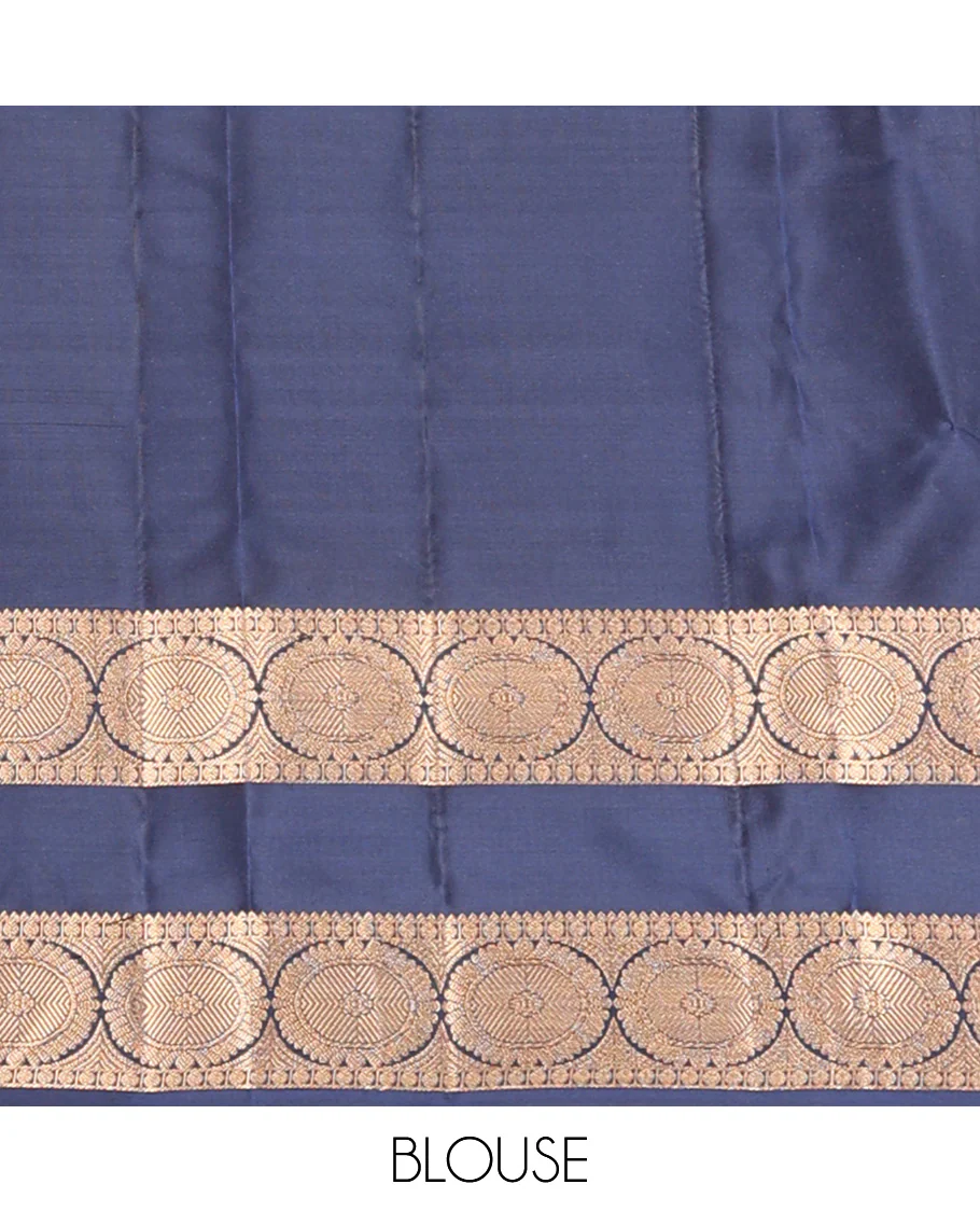 Blue zari buttas Vasundhara Lite Silk Mix Saree, contrast rettai pettu border of rekku, poun, and chakram motifs, and jaal pallu - Image 6