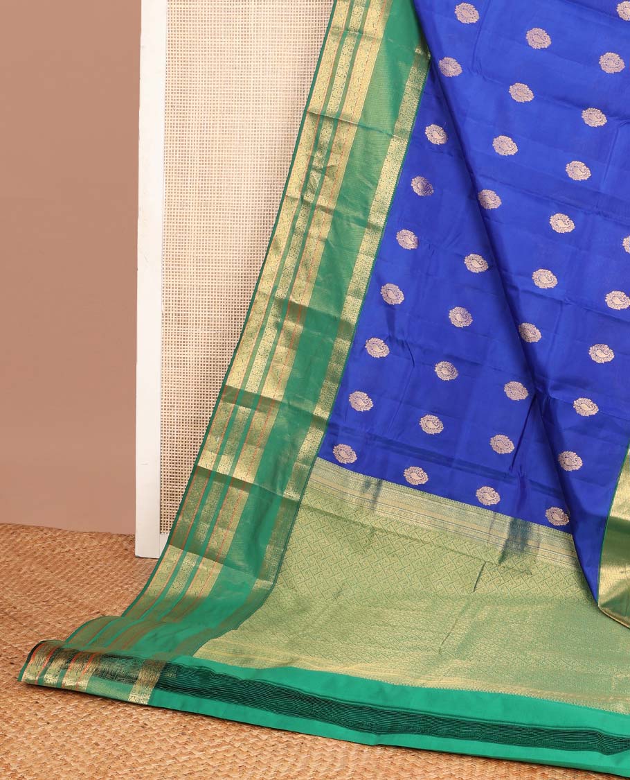 Blue zari buttas Vasundhara Lite Silk Mix Saree, contrast rettai pettu traditional zari design border & jaal pallu - Image 3