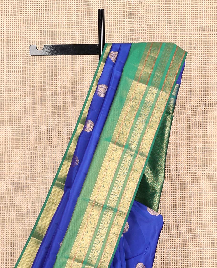 Blue zari buttas Vasundhara Lite Silk Mix Saree, contrast rettai pettu traditional zari design border & jaal pallu - Image 4