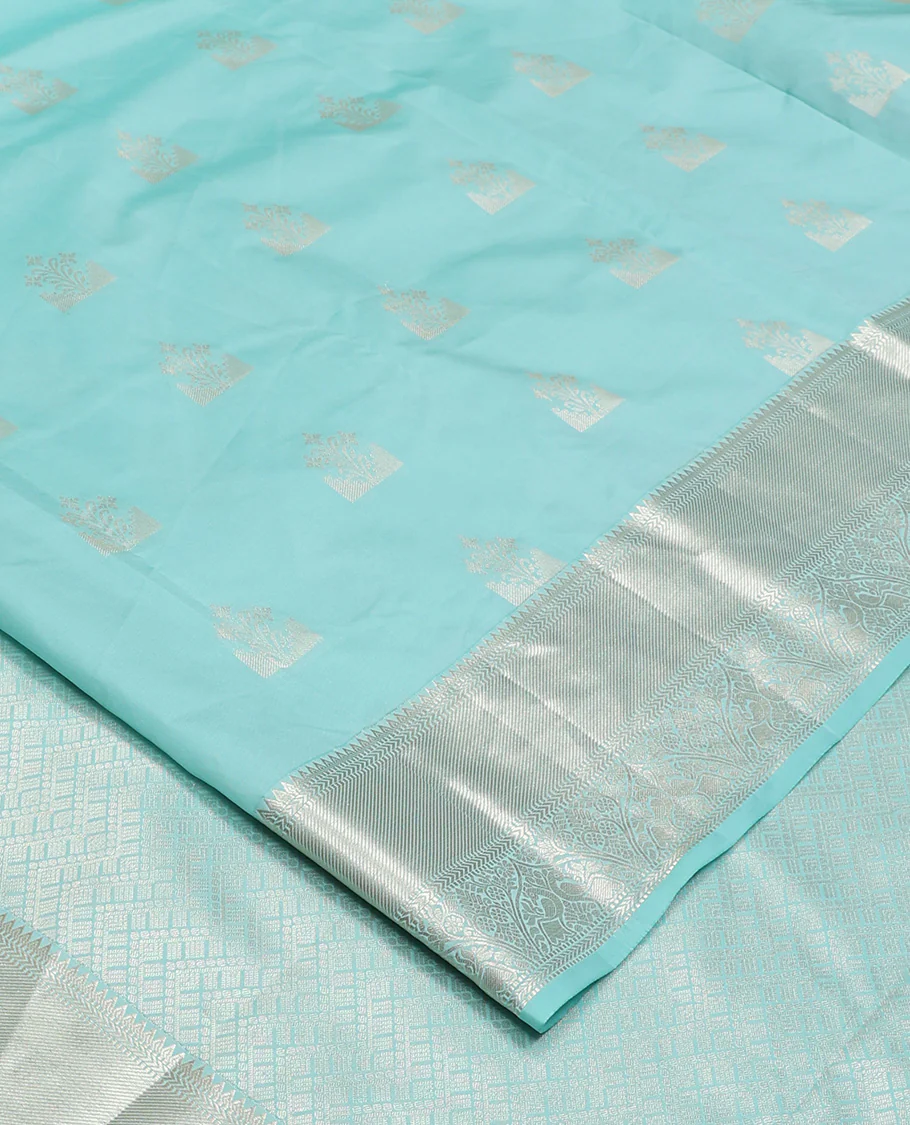 Blue zari buttas Vasundhara Lite Silk Mix Saree, zari border of rekku, muthu, kathir, mayil, and kodi visiry, and intricate pallu - Image 2