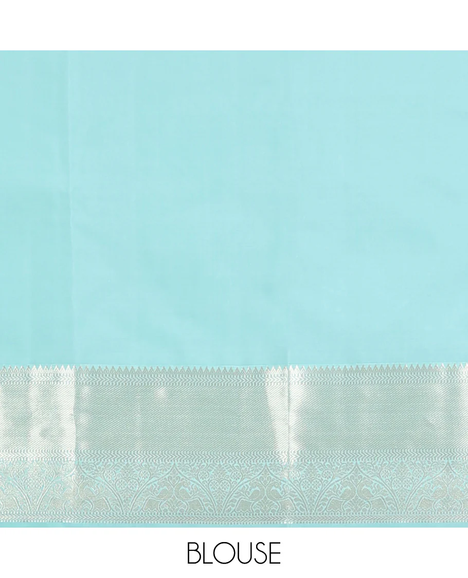 Blue zari buttas Vasundhara Lite Silk Mix Saree, zari border of rekku, muthu, kathir, mayil, and kodi visiry, and intricate pallu - Image 6