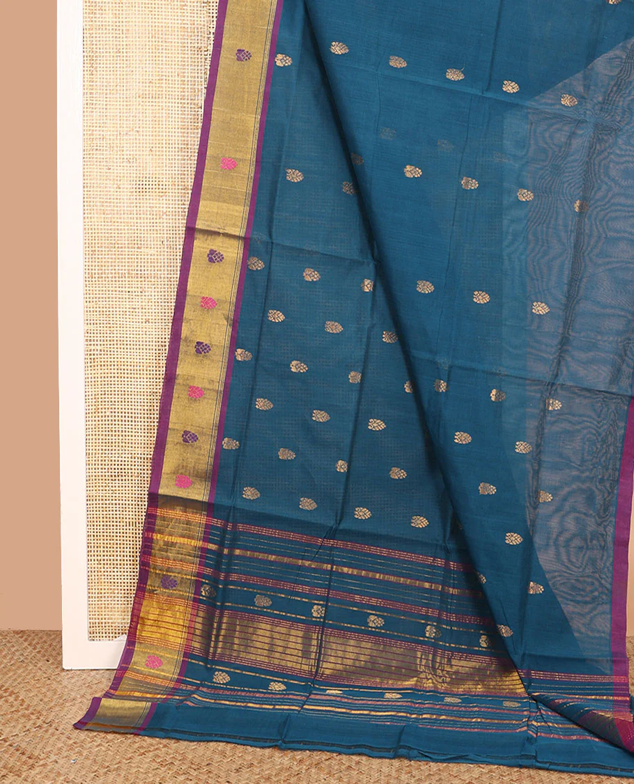 Blue zari buttas Venkatagiri cotton saree, contrast thread and zari border, and pallu of zari designs - Image 2