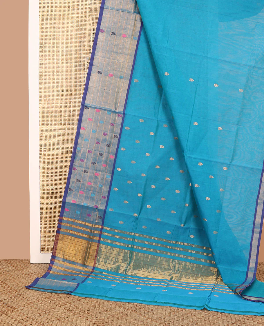 Blue zari buttas Venkatagiri cotton saree, contrast thread motifs and striped border, and pallu of zari stripes - Image 2