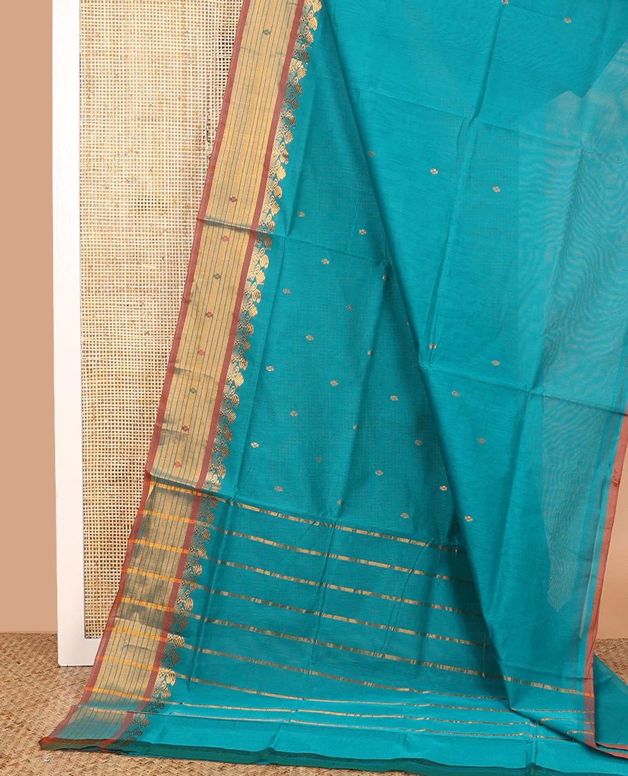 Blue zari buttas Venkatagiri cotton saree, contrast traditional zari border, and zari striped pallu - Image 2