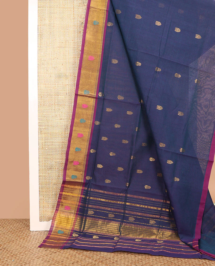 Blue zari buttas Venkatagiri cotton saree, contrast zari and thread border, and pallu of zari designs - Image 2