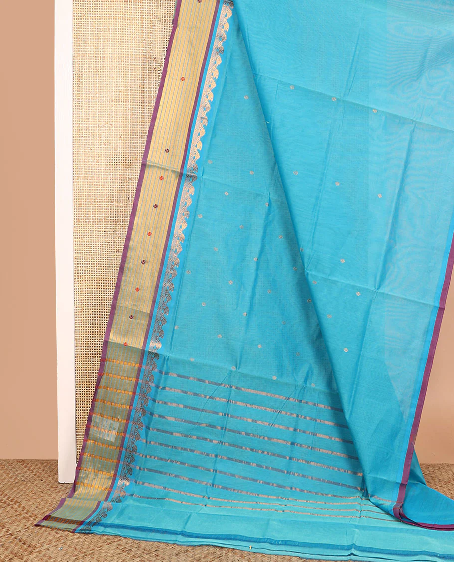 Blue zari buttas Venkatagiri cotton saree, contrast zari and thread border, and zari striped pallu - Image 2