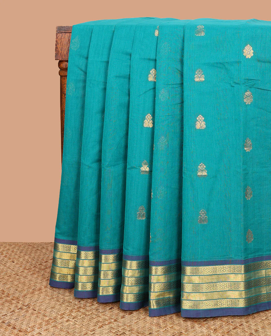 Blue zari buttas Venkatagiri cotton saree with contrast traditional zari border, and pallu of zari designs
