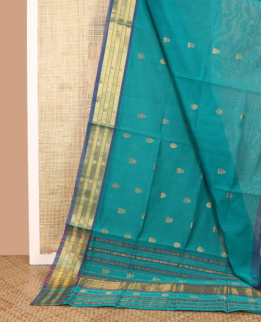 Blue zari buttas Venkatagiri cotton saree with contrast traditional zari border, and pallu of zari designs - Image 2