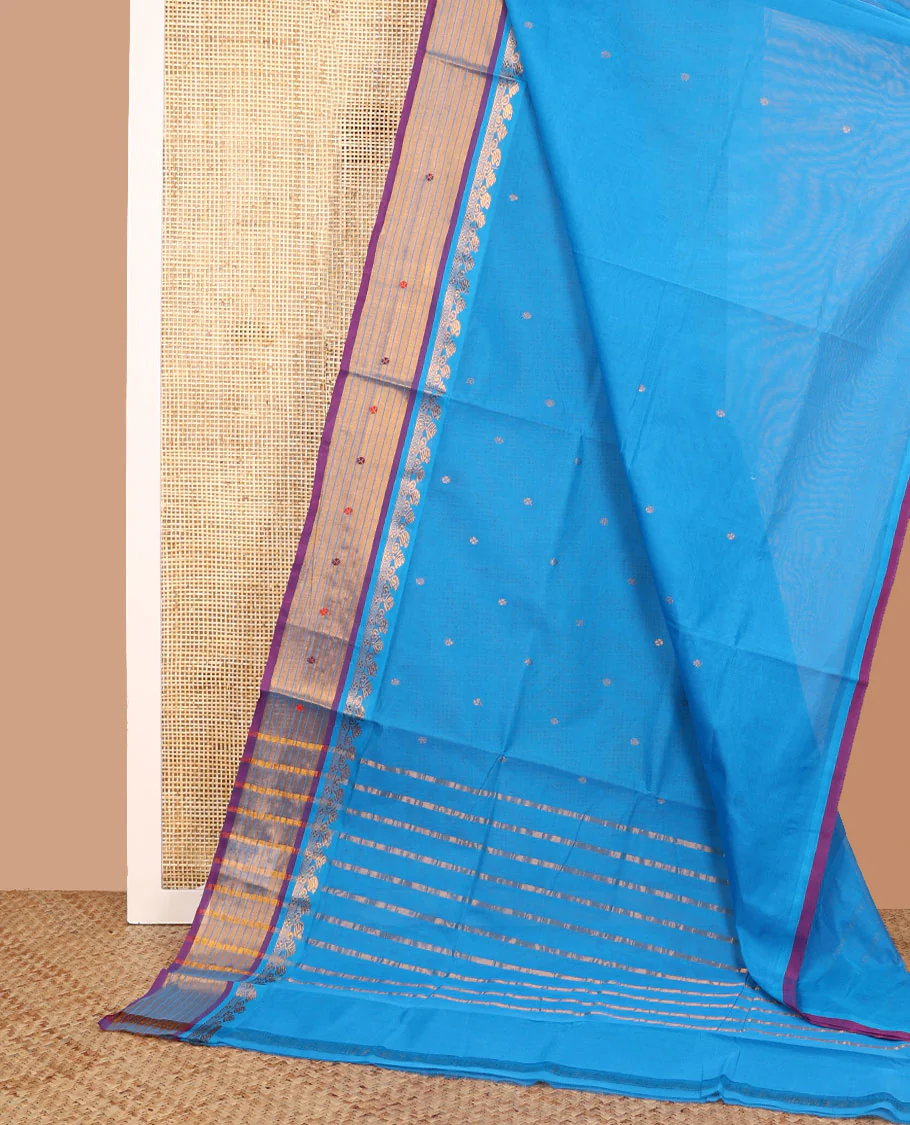 Blue zari buttas Venkatagiri cotton saree with contrast traditional zari border, and pallu of zari stripes - Image 2