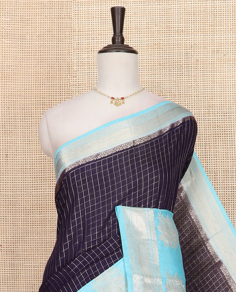 Blue zari checked Assam silk saree, contrast traditional zari border of floral designs, and pallu of zari designs - Image 2