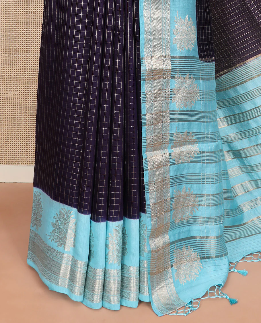Blue zari checked Assam silk saree, contrast traditional zari border of floral designs, and pallu of zari designs - Image 3